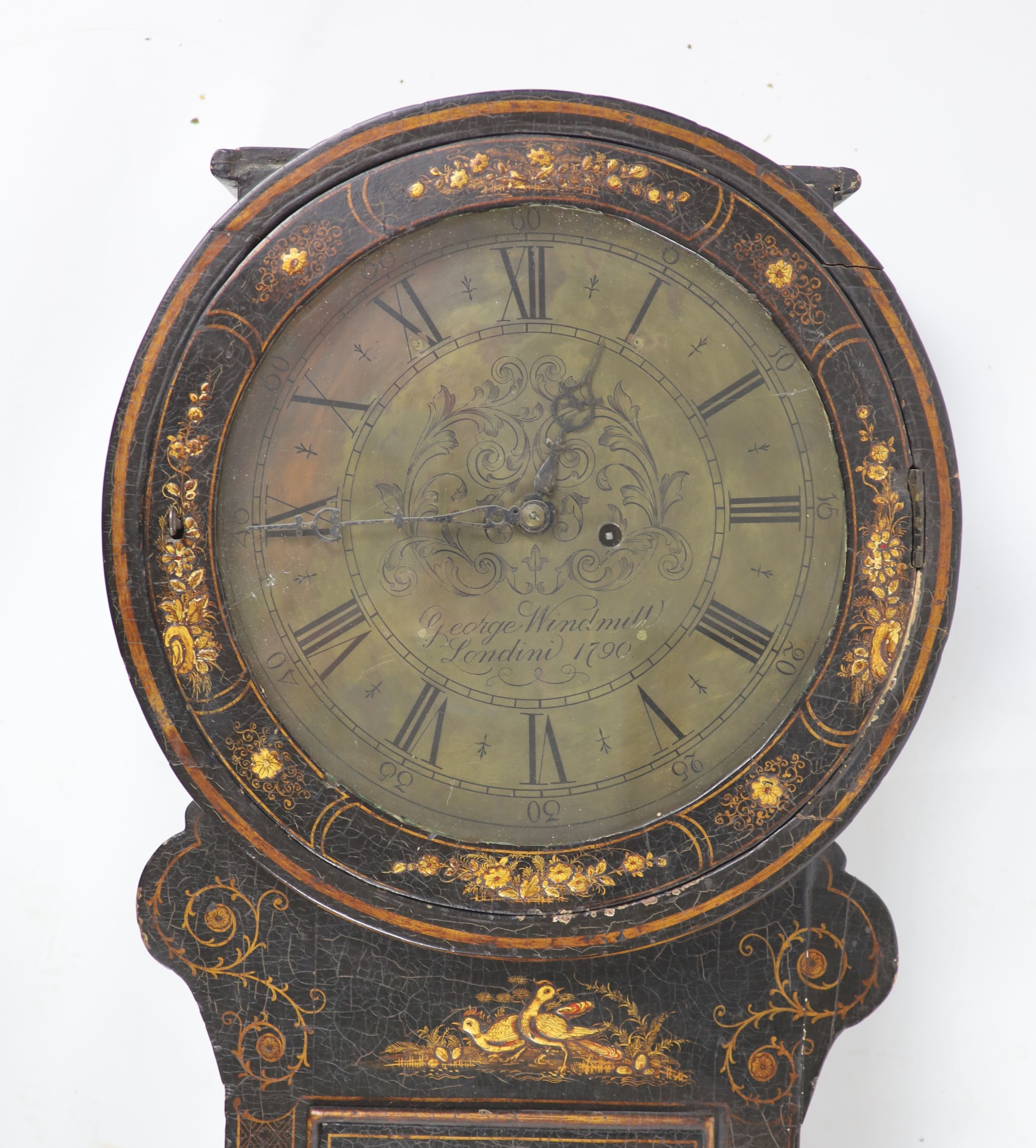 George Windmill of London, 1790. A George III japanned dropdial wall clock, diameter 46cm height 136cm